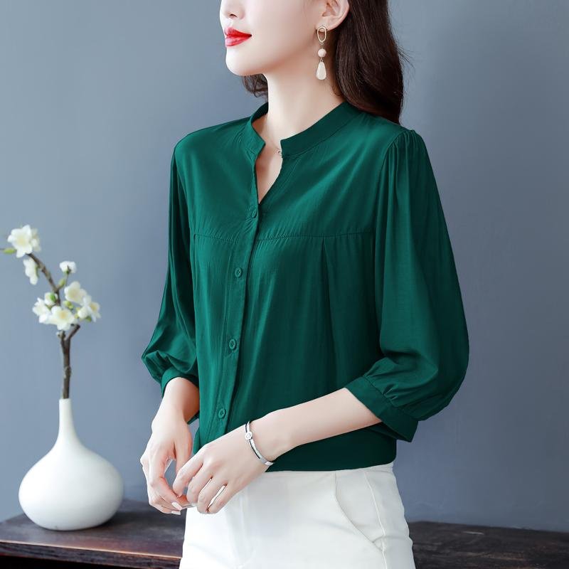 リネン混シャツ レディース 上品 ゆったり 半袖/七分袖 体型カバー ブラウス
