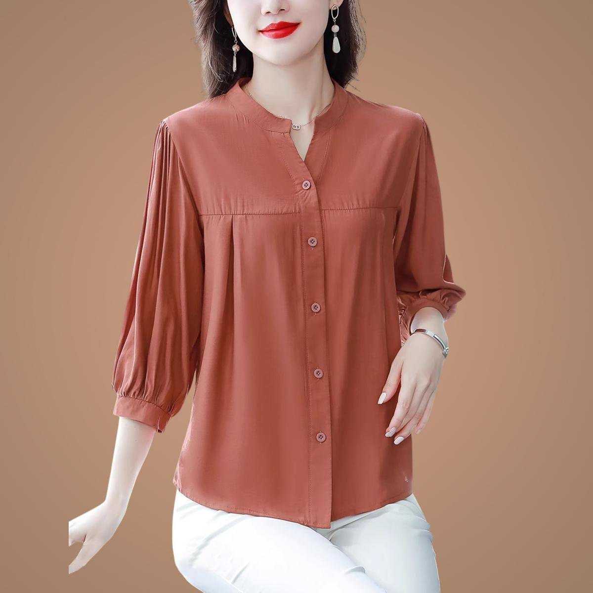 リネン混シャツ レディース 上品 ゆったり 半袖/七分袖 体型カバー ブラウス