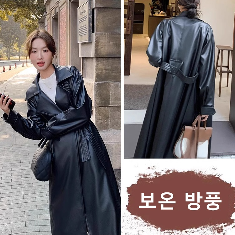 [고급스럽고 질감 있음] 여성용 보온  롱 가죽 재킷