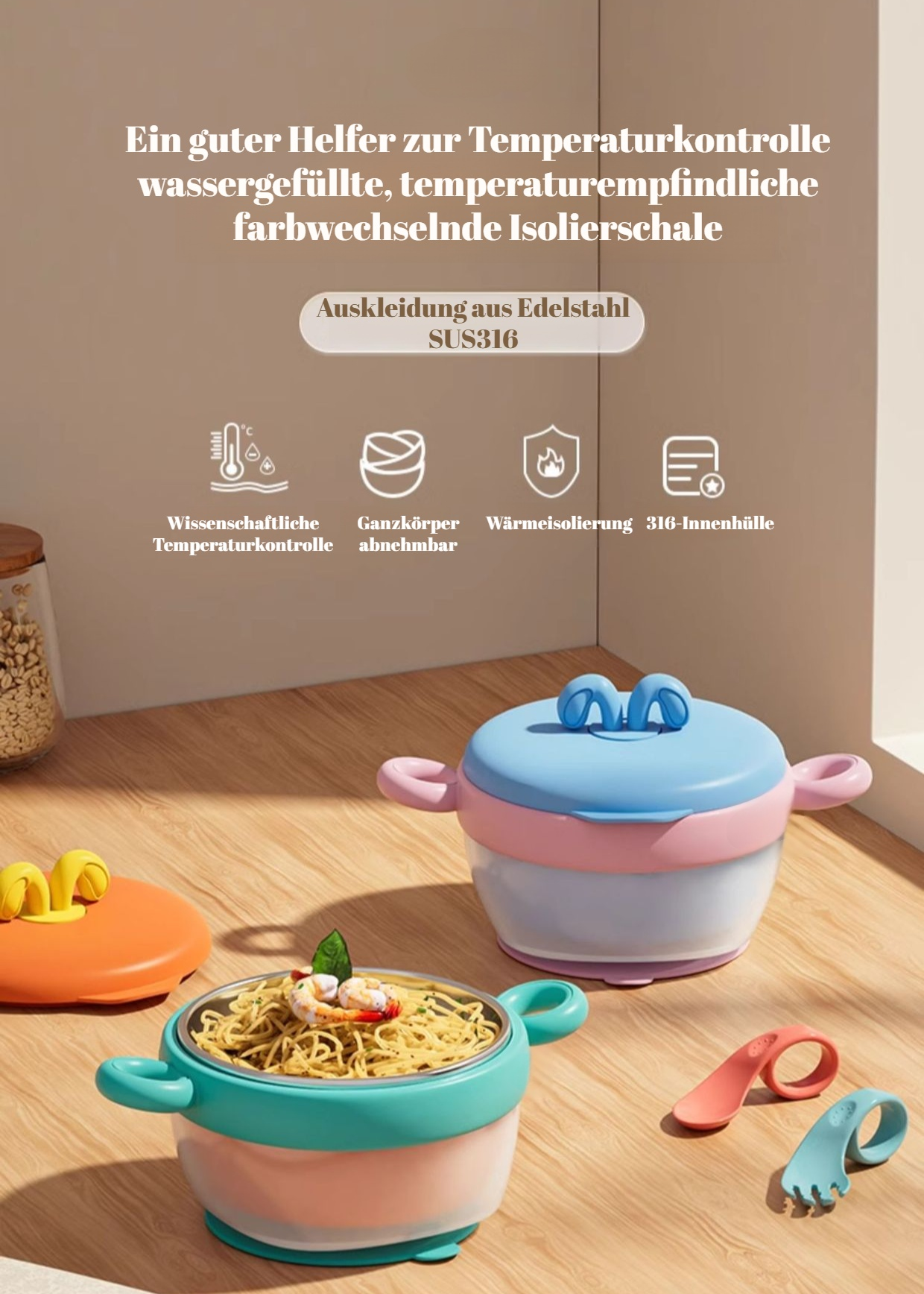 Baby-Nahrungsergänzungsmittel aus Edelstahl 316, babyspezifische Essschale, wassergefüllte Isoliersc