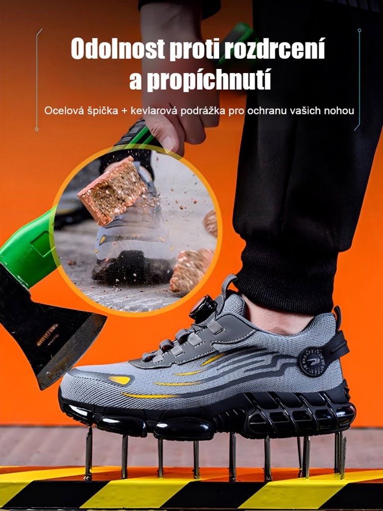 Ochranné pracovní boty s otočným knoflíkem, odolné proti propíchnutí a nárazu.