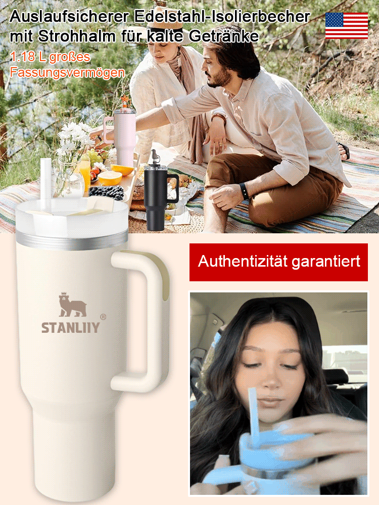 Große, auslaufsichere Vakuum-Edelstahl-Isolier-Strohhalm-Tasse.