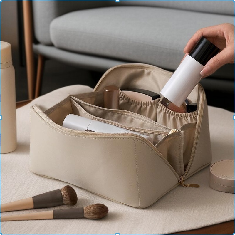 ネットセレブの新作トイレタリーバッグ ピローコスメバッグ レザー PU 女性用 大容量 ポータブル 旅行 メイクアップ 収納バッグ