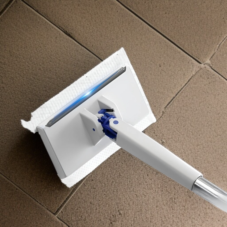 乾湿両用モップで床掃除をしている様子