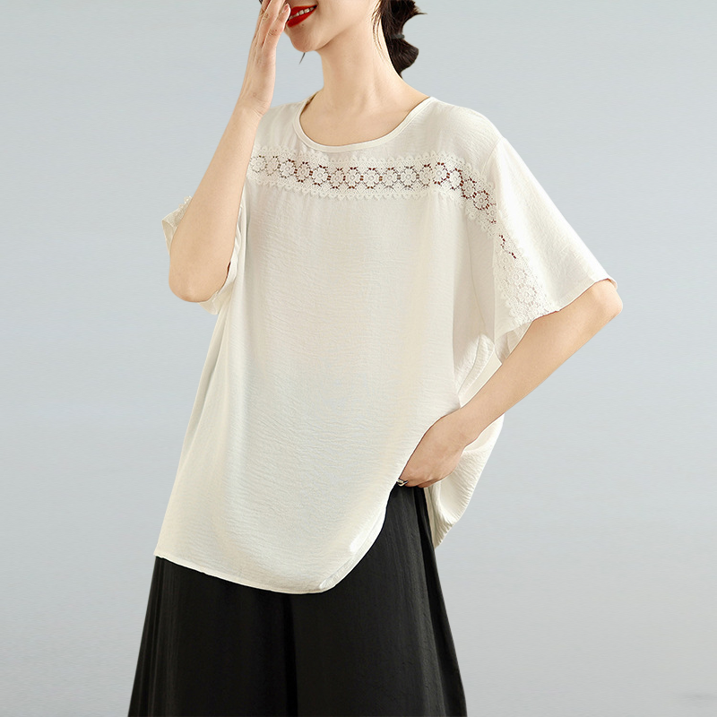 여름 신상 불규칙 레이스 접합 큰 사이즈 여성복 상의 뚱뚱 mm 나이를 줄여 배를 가리는 한국판 티셔츠