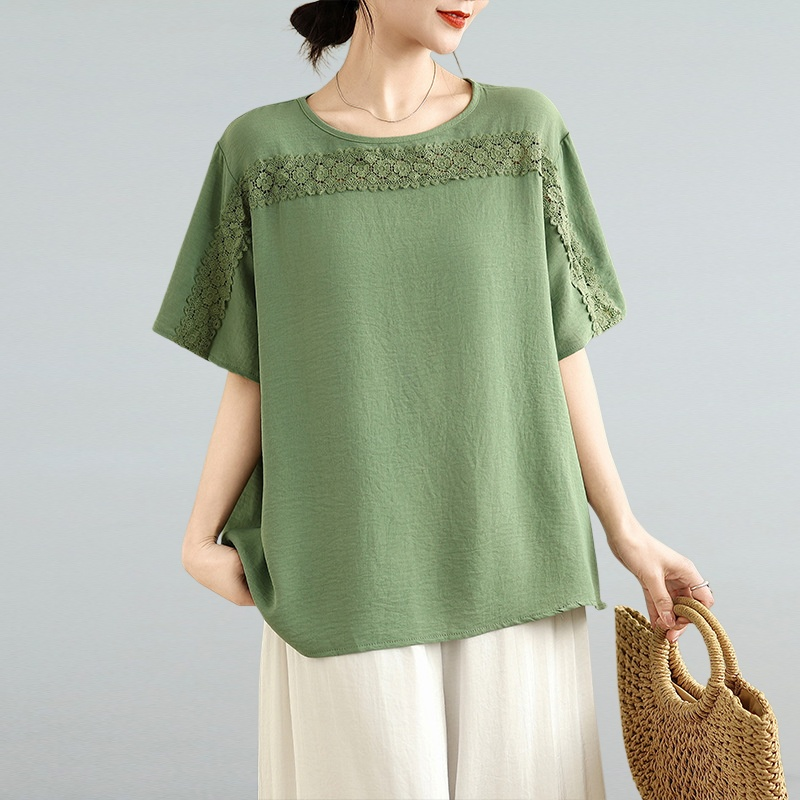 여름 신상 불규칙 레이스 접합 큰 사이즈 여성복 상의 뚱뚱 mm 나이를 줄여 배를 가리는 한국판 티셔츠