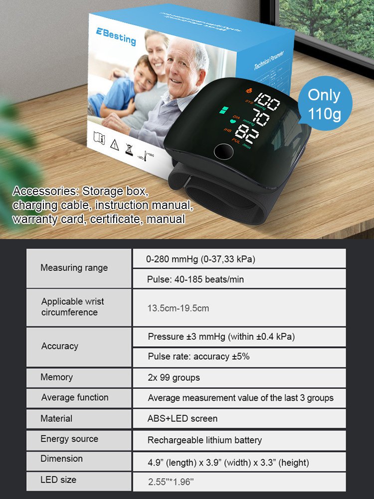 Large Screen Digital Wrist Blood Pressure Meter with Voice Prompt