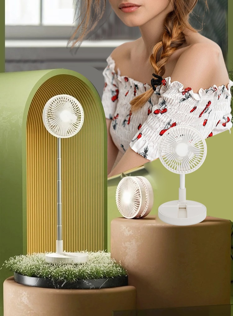 Versenkbarer faltbarer Mehrzweck-Ventilator auf einem Schreibtisch