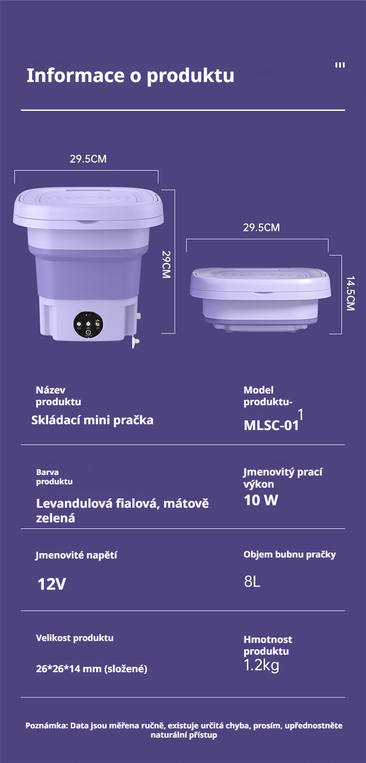 Skládací mini pračka složená pro snadné skladování