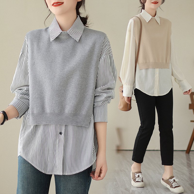 新作 ゆったりストライプシャツ ニットベスト付き ツーピーススーツ 女性用