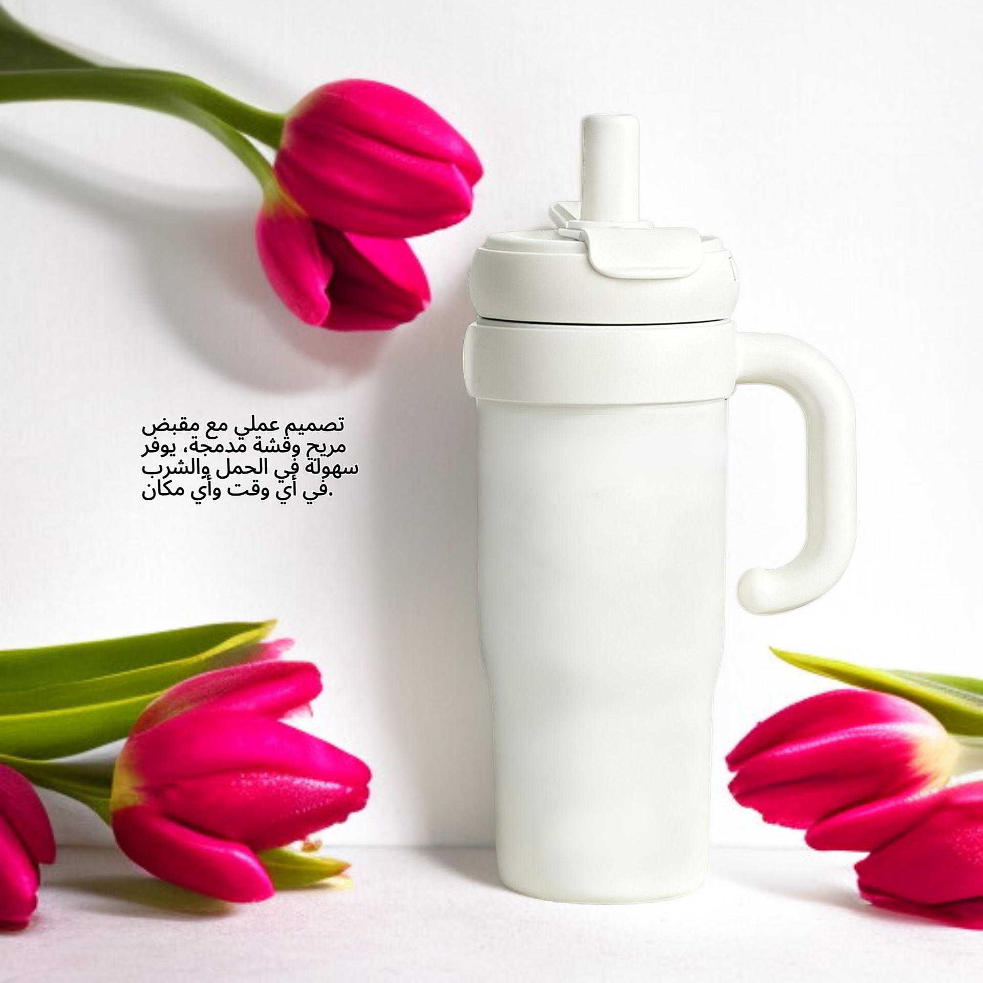 كوب معزول بمقبض وقشة، سعة كبيرة، كوب دوار