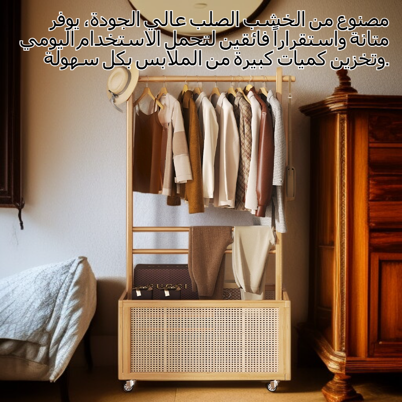 رف ملابس أرضي من الخشب الصلب مزود بعجلات