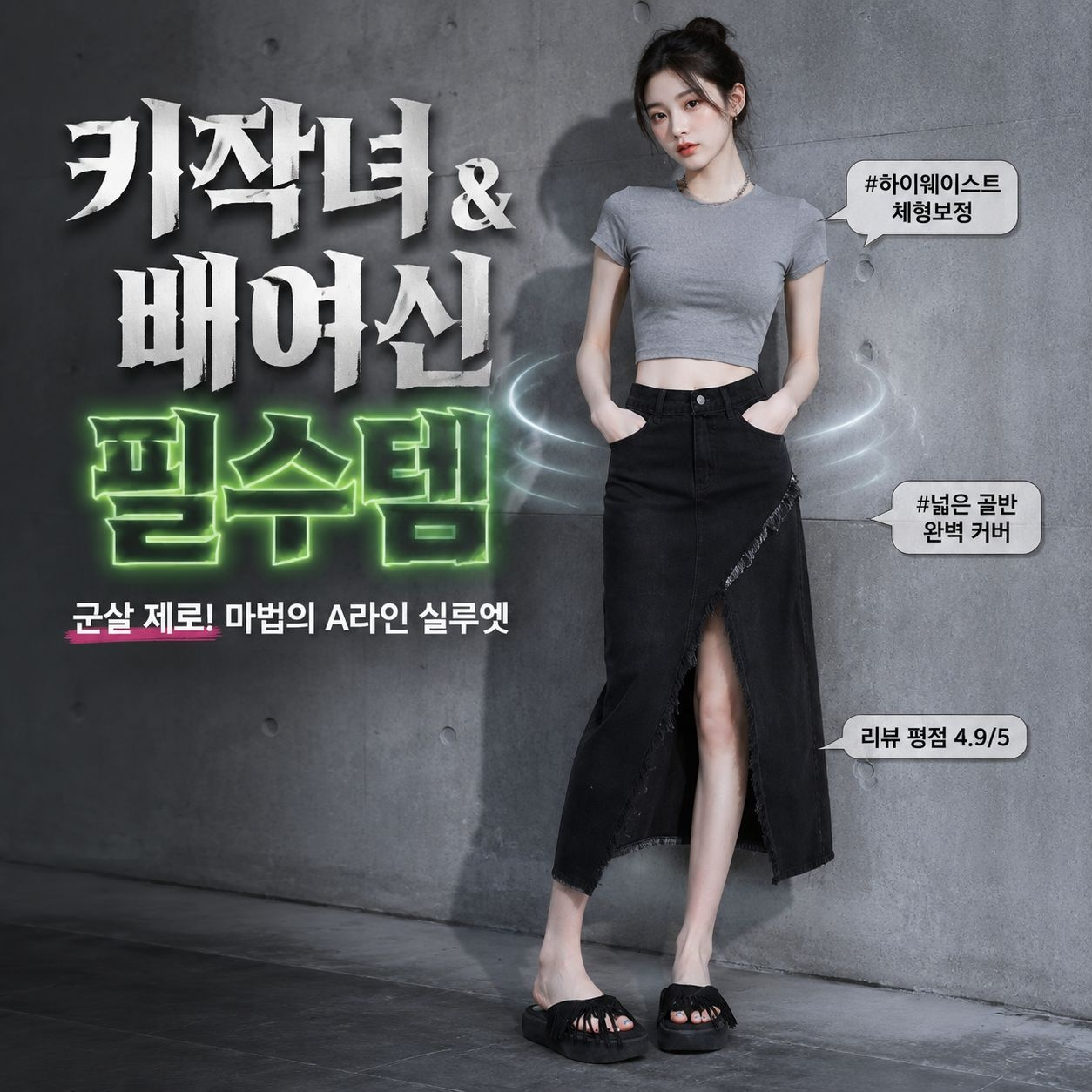 키 작은 여성 하이웨스트 트임 데님 롱스커트 하프스커트