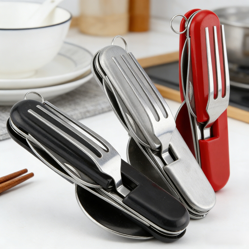 Hordozható rozsdamentes acél kültéri összecsukható villa-kanál 2 az 1-ben evőeszköz