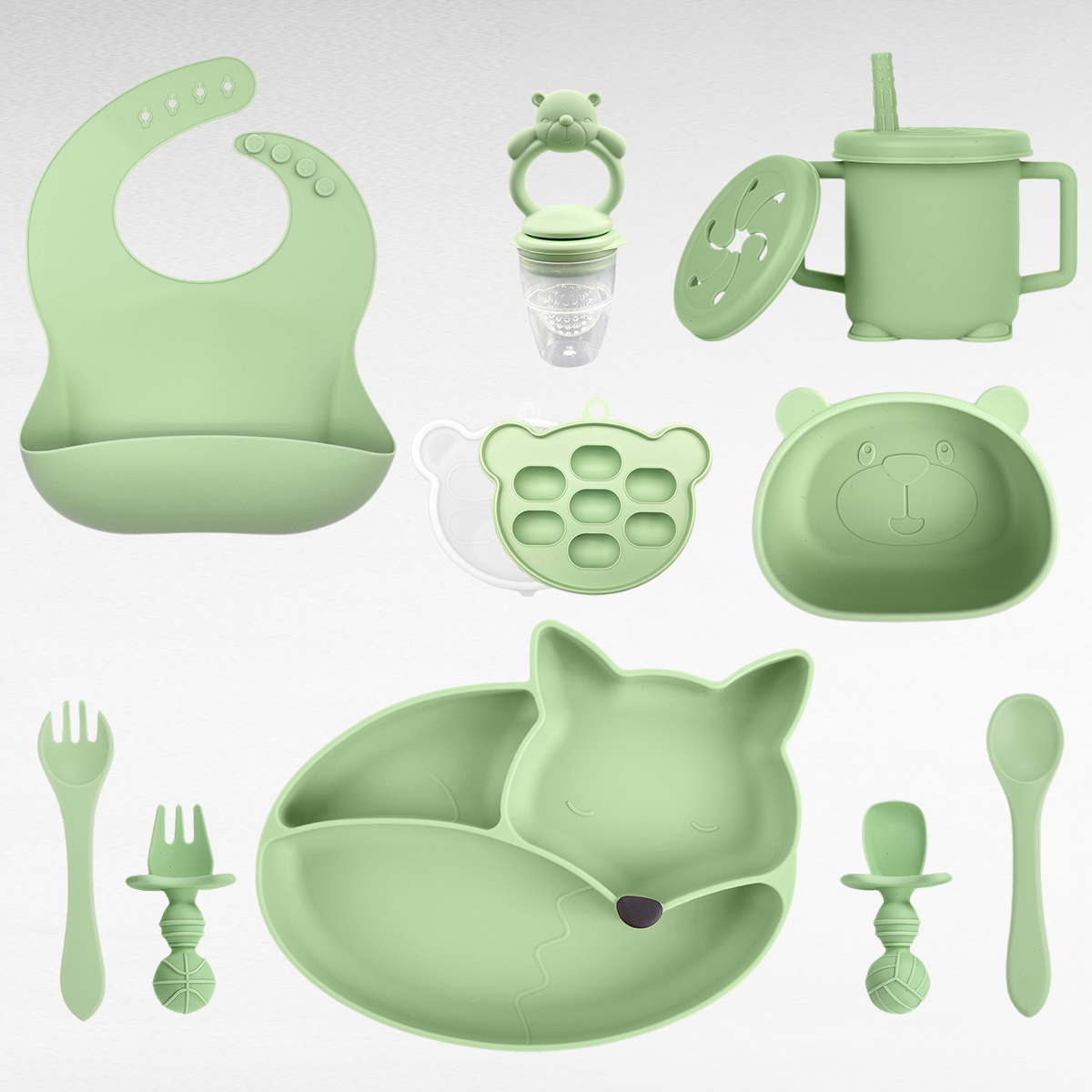  Infant Silicone Suction Bowl and Plate Set, Fox Design Feeding Tableware
