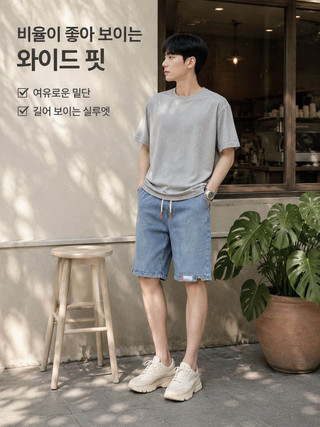 남성 루즈핏 빈티지 일자 7부 데님 반바지