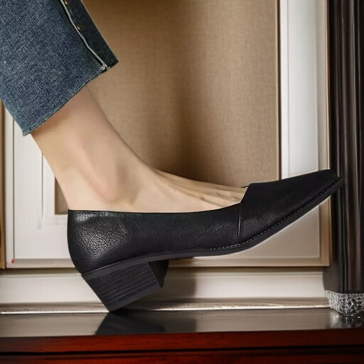 살구색 소프트 가죽 여성 스틸레토 단화 미들 굽 통굽 여성화