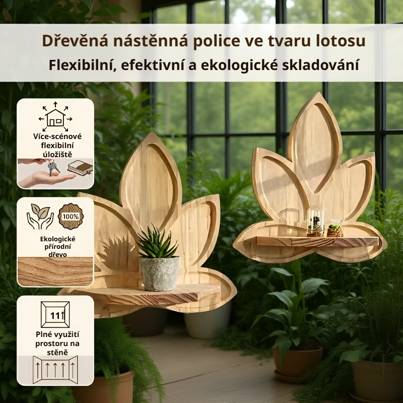Nástěnná police z masivního dřeva ve tvaru lotosu