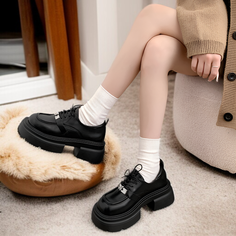 가을 블랙 통굽 스트랩 단화 둥근 머리 통굽 작은 구두녀 구두 가을 라운드 스몰