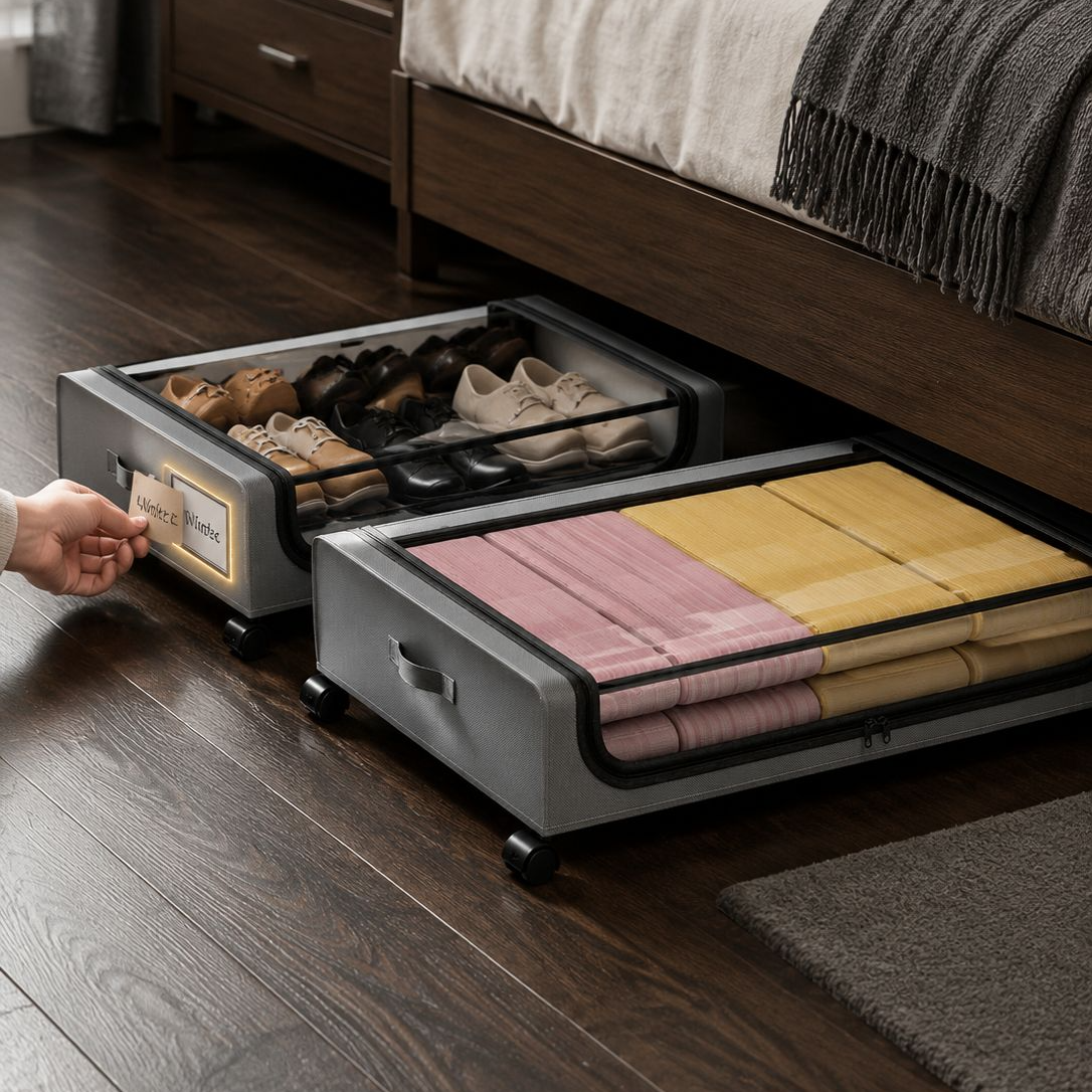 Unterbett-Faltbox mit Rollen und Deckel