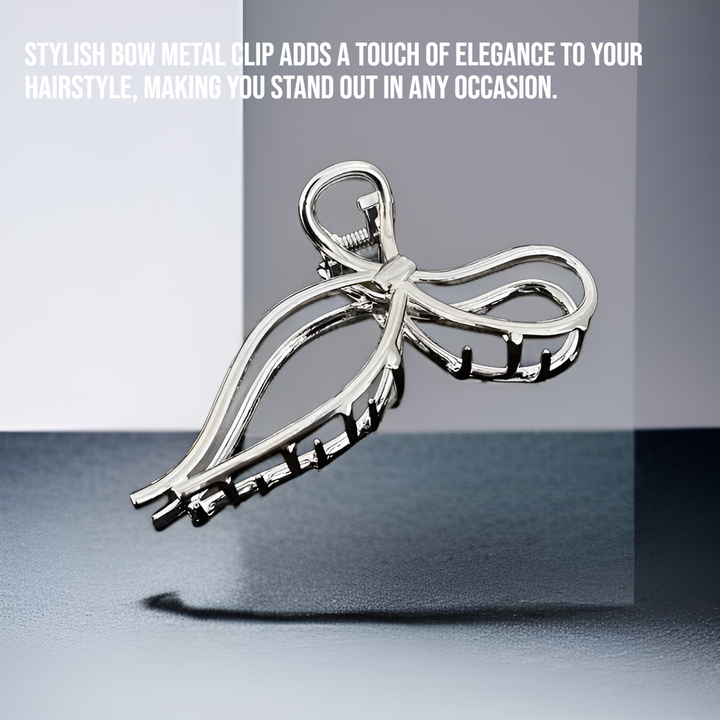 Hair at the back of the head is clamped with a bow metal clip