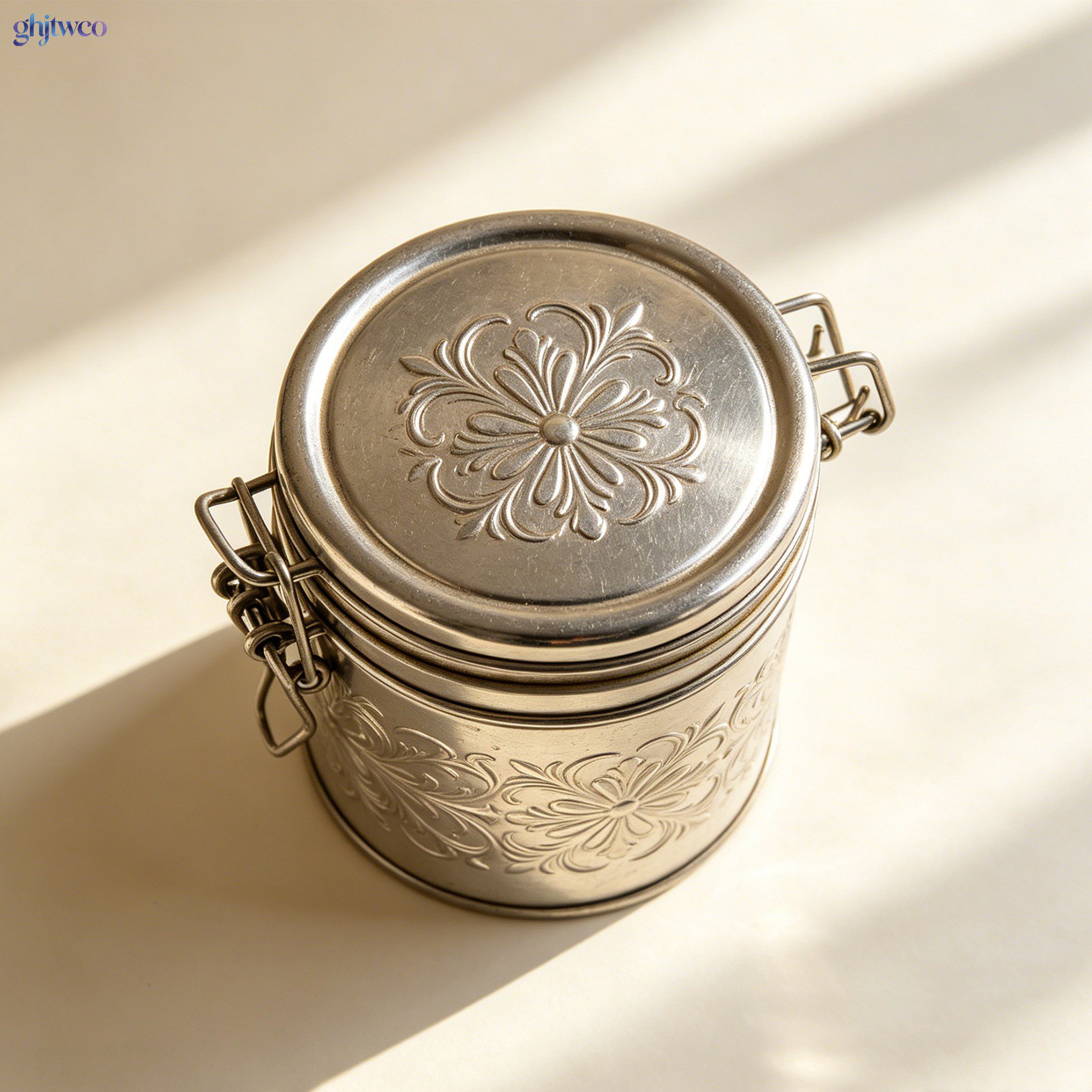 Close-up of decorative metal storage tins for kitchen or home