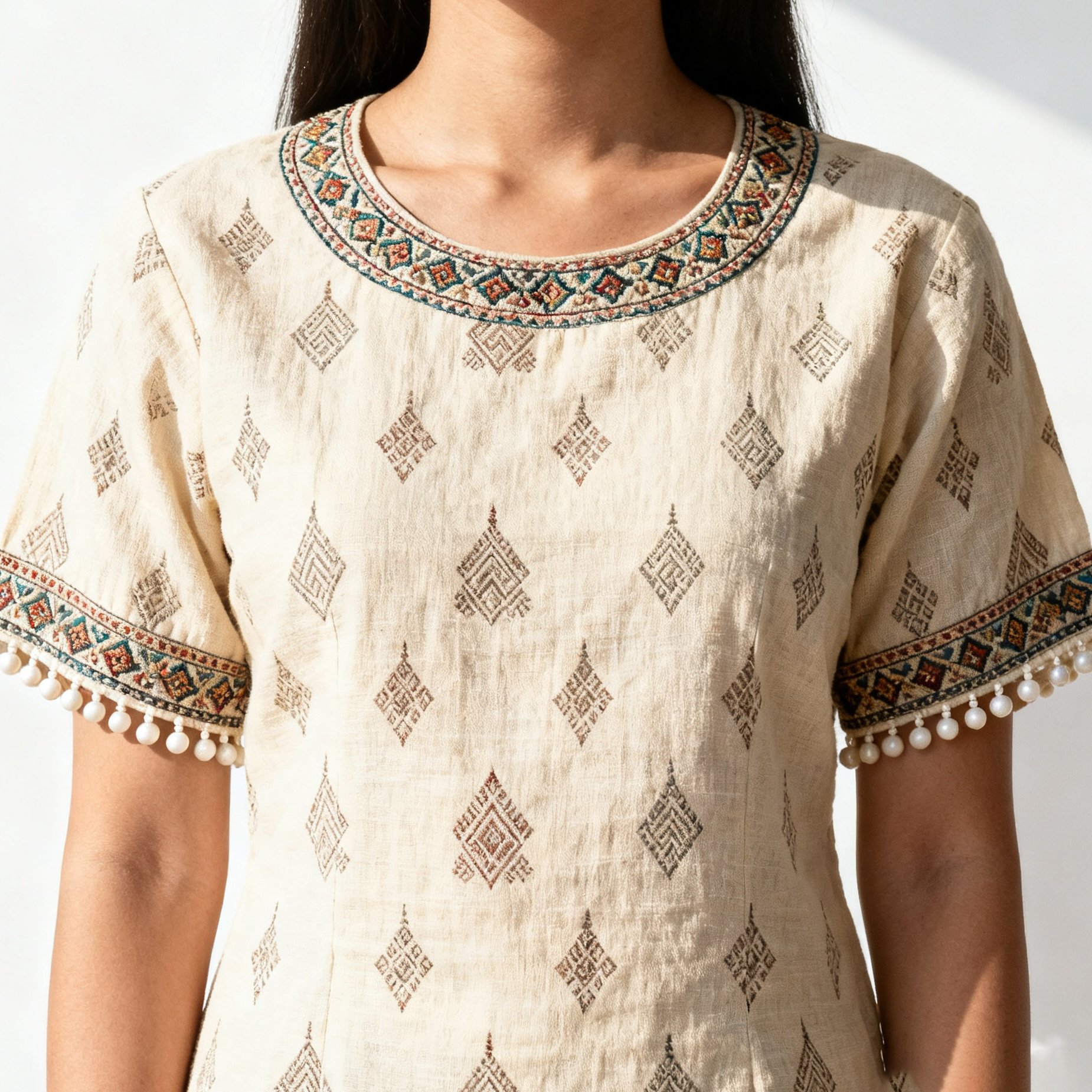 เสื้อแขนสั้นทรงโอเวอร์ไซส์ประดับไข่มุก