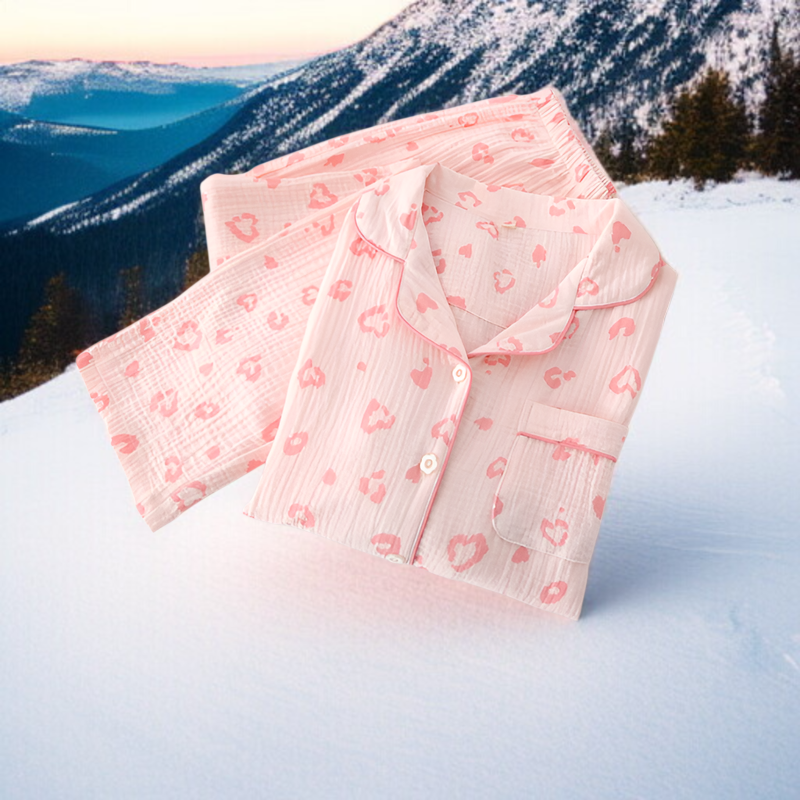 R-秋冬パジャマ純綿クレープレディース長袖ラペルカーディガン小爽やか春秋レディースシアサッカーホームウェアツーピースセット