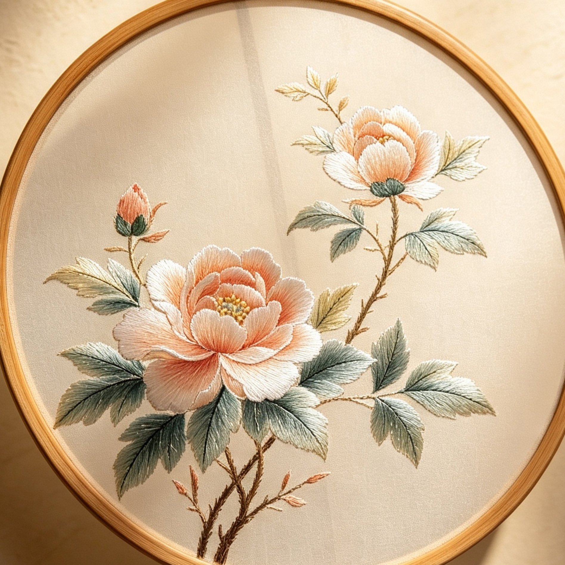 Peony embroidered bamboo handle round fan (2 pieces)