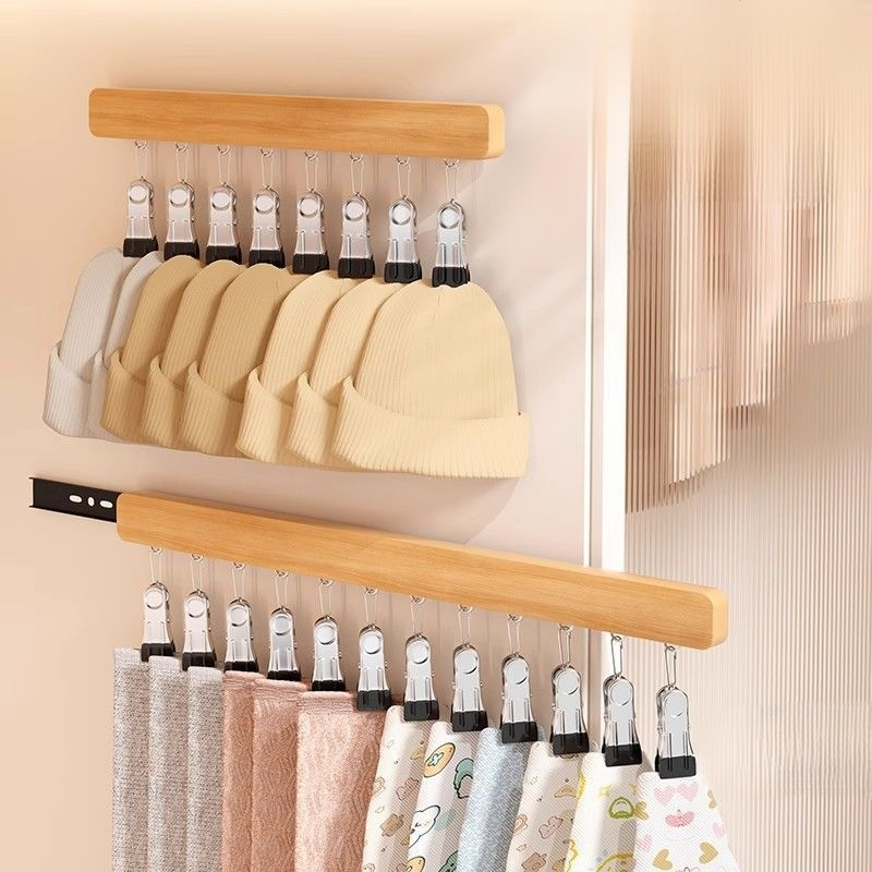 Household retractable slide solid wood clothes hanger