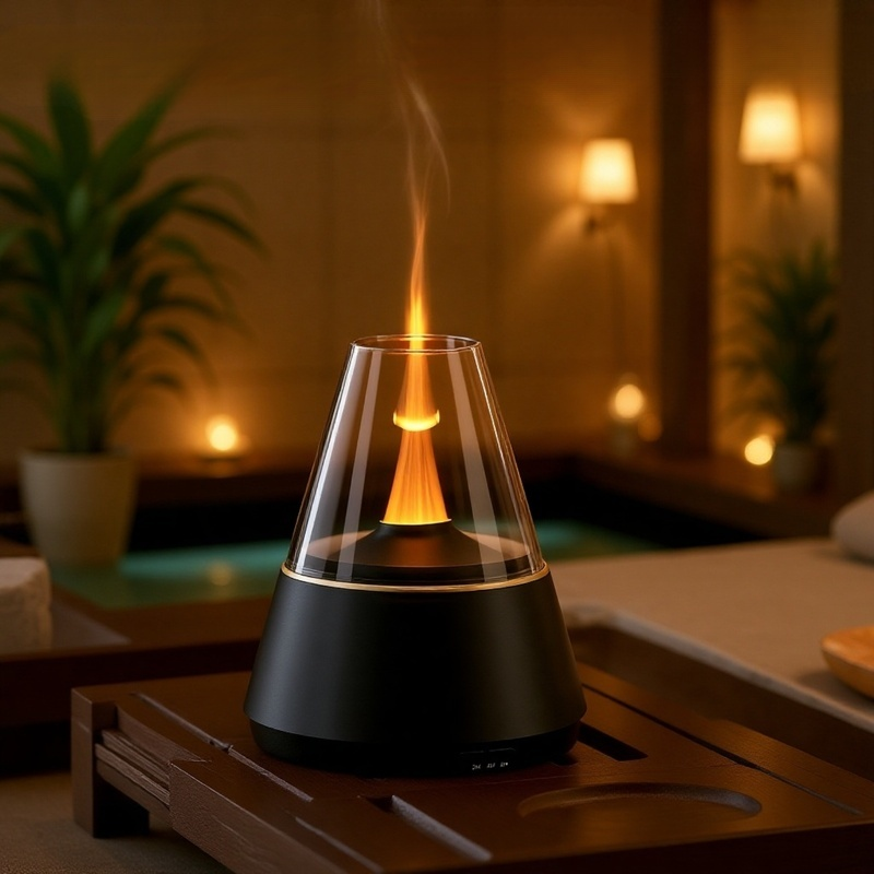 デスクトップの擬似炎アロマディフューザー加湿器、小型家庭用自動エッセンシャルオイルスプレー、7色のアンビエントライト付き