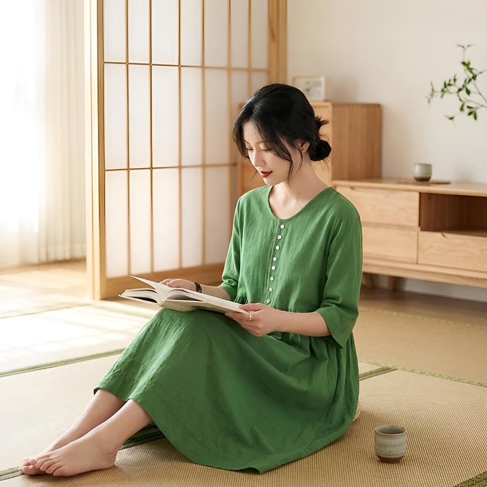 ゆったり切替コットンリネンVネック五分袖ミディアムワンピース（レディース・アート風）