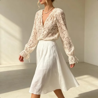 Elegante Damenbluse im europäischen Stil mit floraler Lochstickerei und Wellensaum