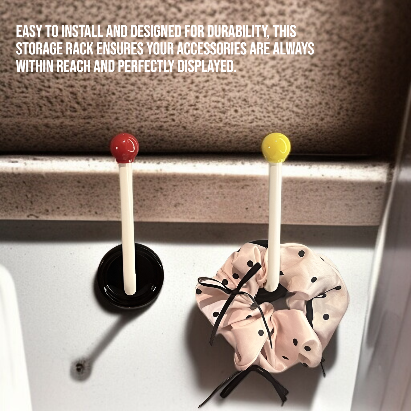 Bathroom wall mounted hair ring and headband storage rack