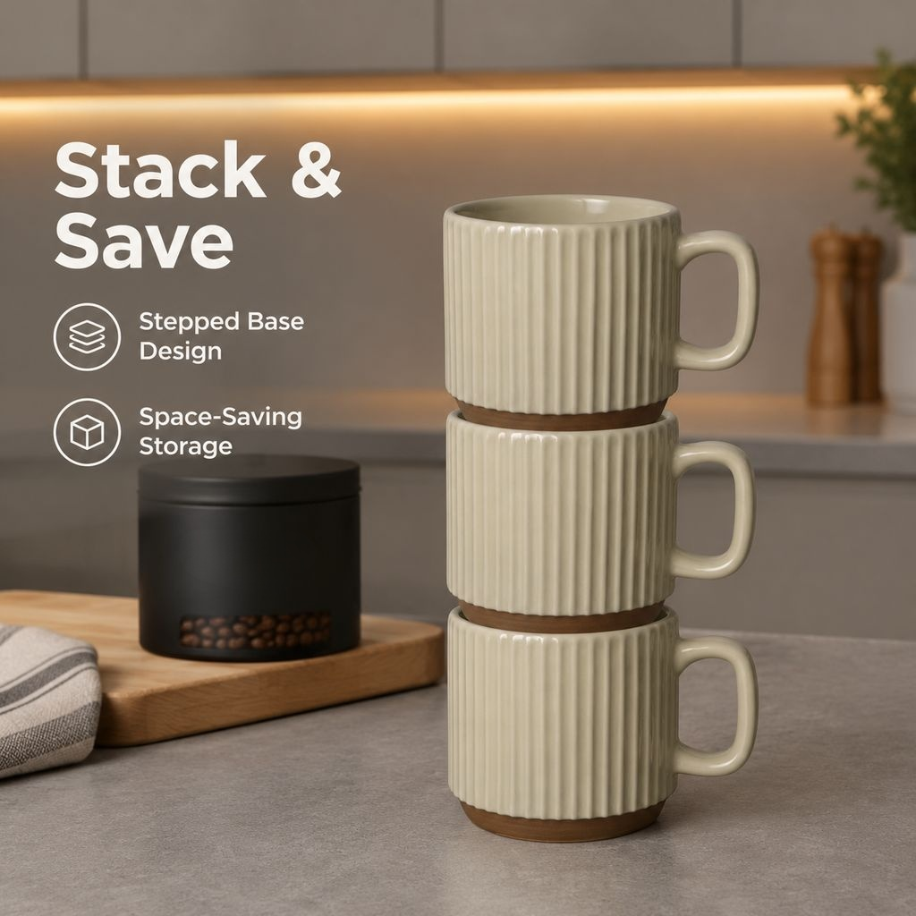 Retro Beige Vertical Stripe Stacking Mug - Creative Ceramic Coffee Cup