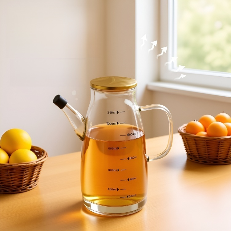 Botella de aceite de vidrio para la cocina del hogar.