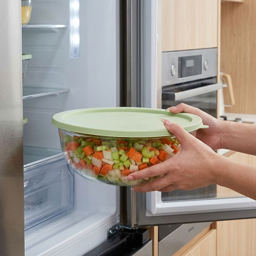 深型ガラスボウルで野菜を洗うイメージ