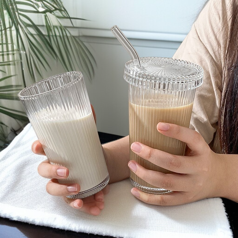 심플 스타일 세로줄무늬 뚜껑 빨대컵 물컵 커피컵 세트