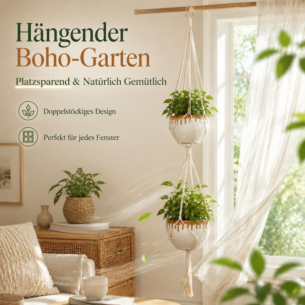Handgewebter Pflanzenhänger aus Baumwollseil für Balkon Deko