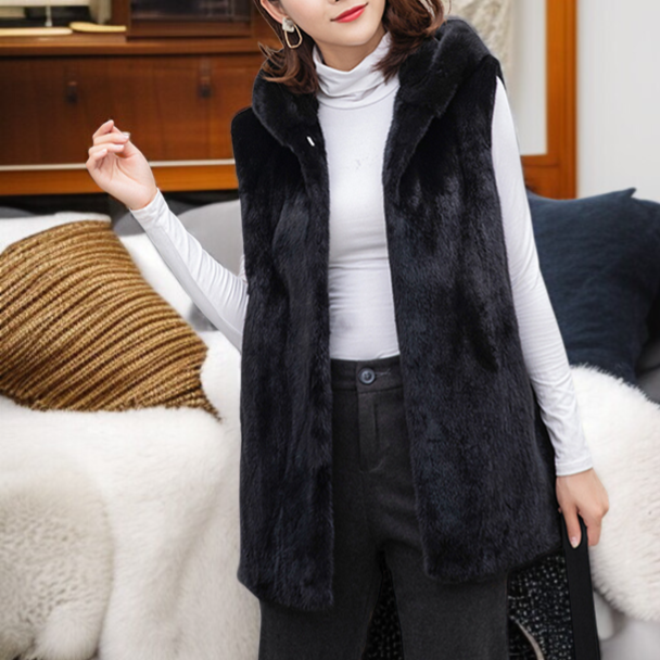 オットセイウサギの毛のフェイクファーベスト秋冬新作フード付き女性用ベスト毛と綿で暖かさを提供ファーコートジャケット