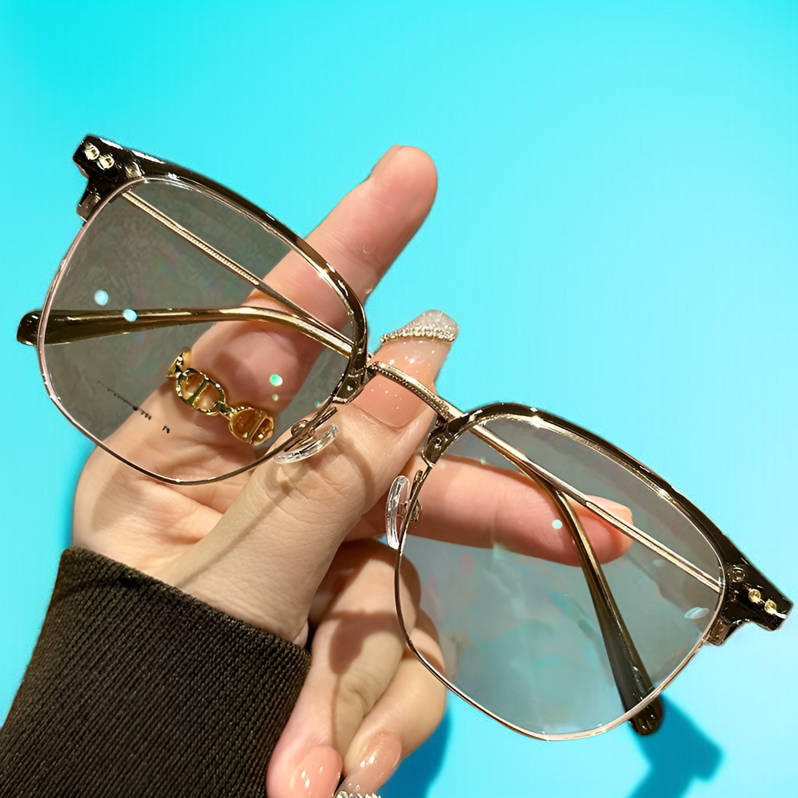 丹陽 純チタン ブルーライトカット メガネ 無地 レディース メガネ ファッション ハーフフレーム 眼鏡 ファッションアイテム