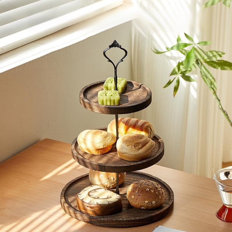 Présentoir à desserts rond à deux niveaux en bois