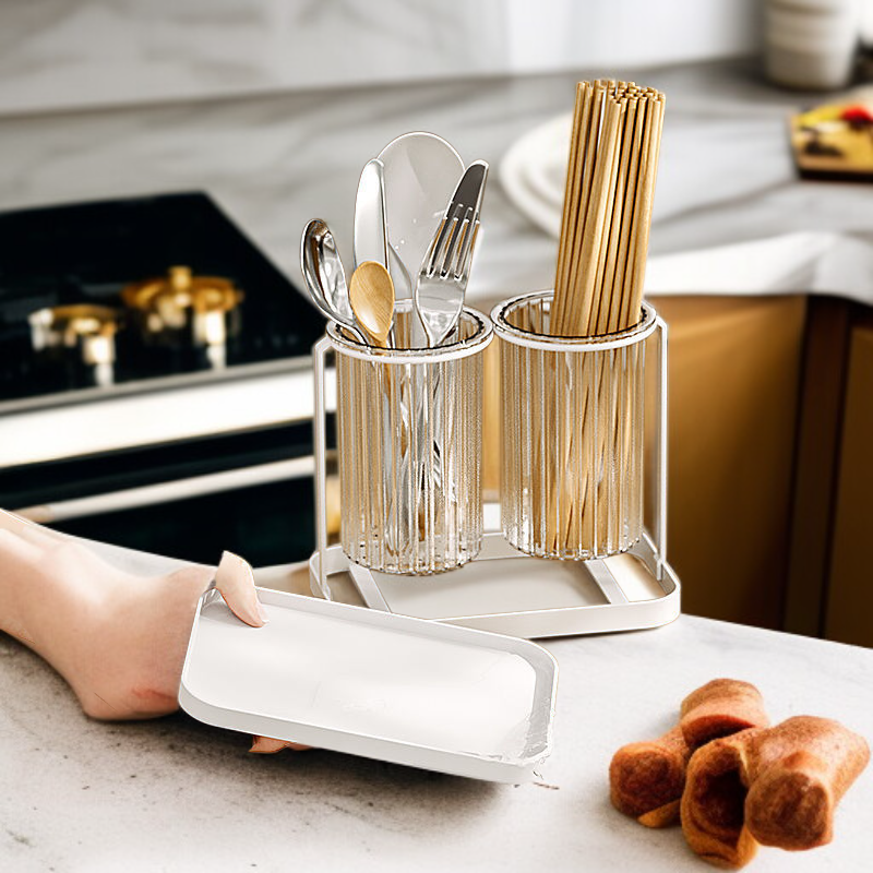 حاوية عيدان الطعام المطبخية المنزلية لتصريف المياه وصندوق تخزين شفاف للسكين والشوكة والملعقة