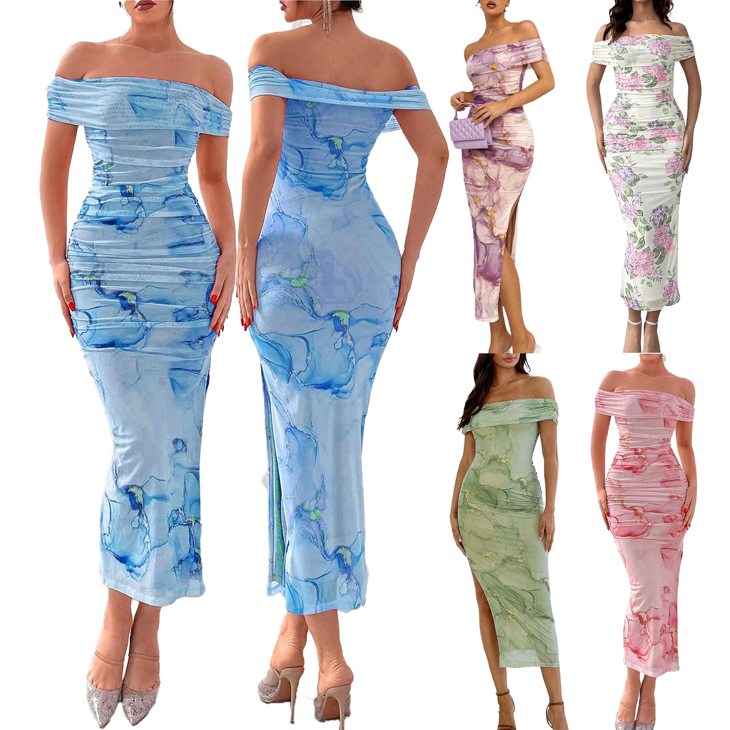 性感印花包臀開衩修身褶皺長裙