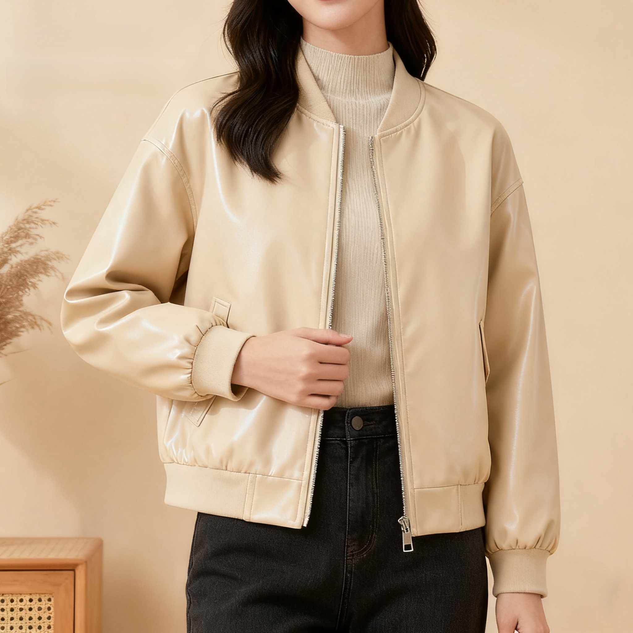 베이지 여성용 패션 숏 항공 재킷