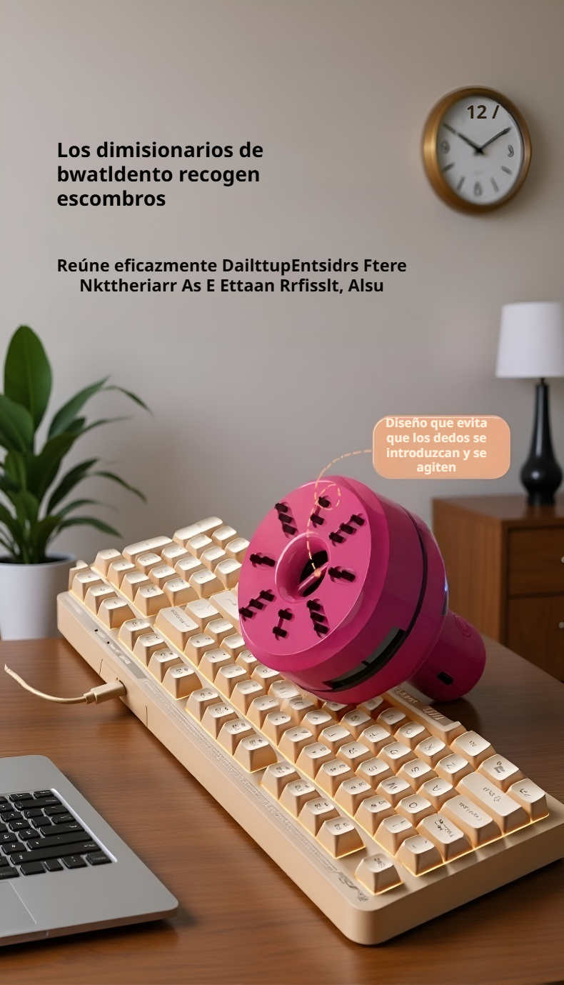 Aspiradora mini Cartoon recogiendo polvo en oficina