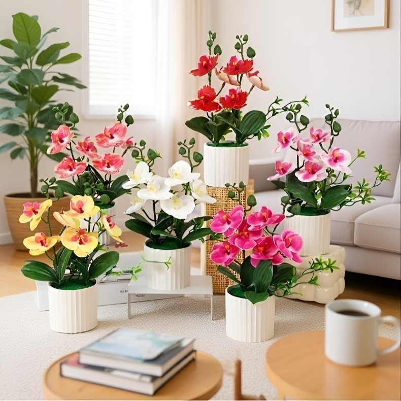 Close-up of lifelike silk Phalaenopsis orchid flowers