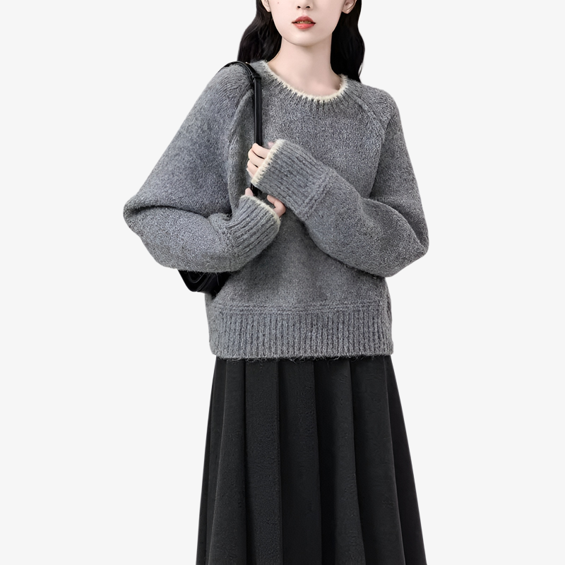 ラウンドネック カラーブロック プルオーバー ニット セーター 韓国風 ファッショナブル デザイン 長袖 セーター トップス ゆったり フィット 快適 暖かく 防寒