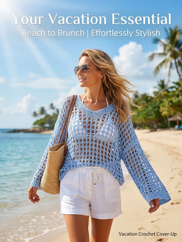 Resort-style openwork knit cover-up