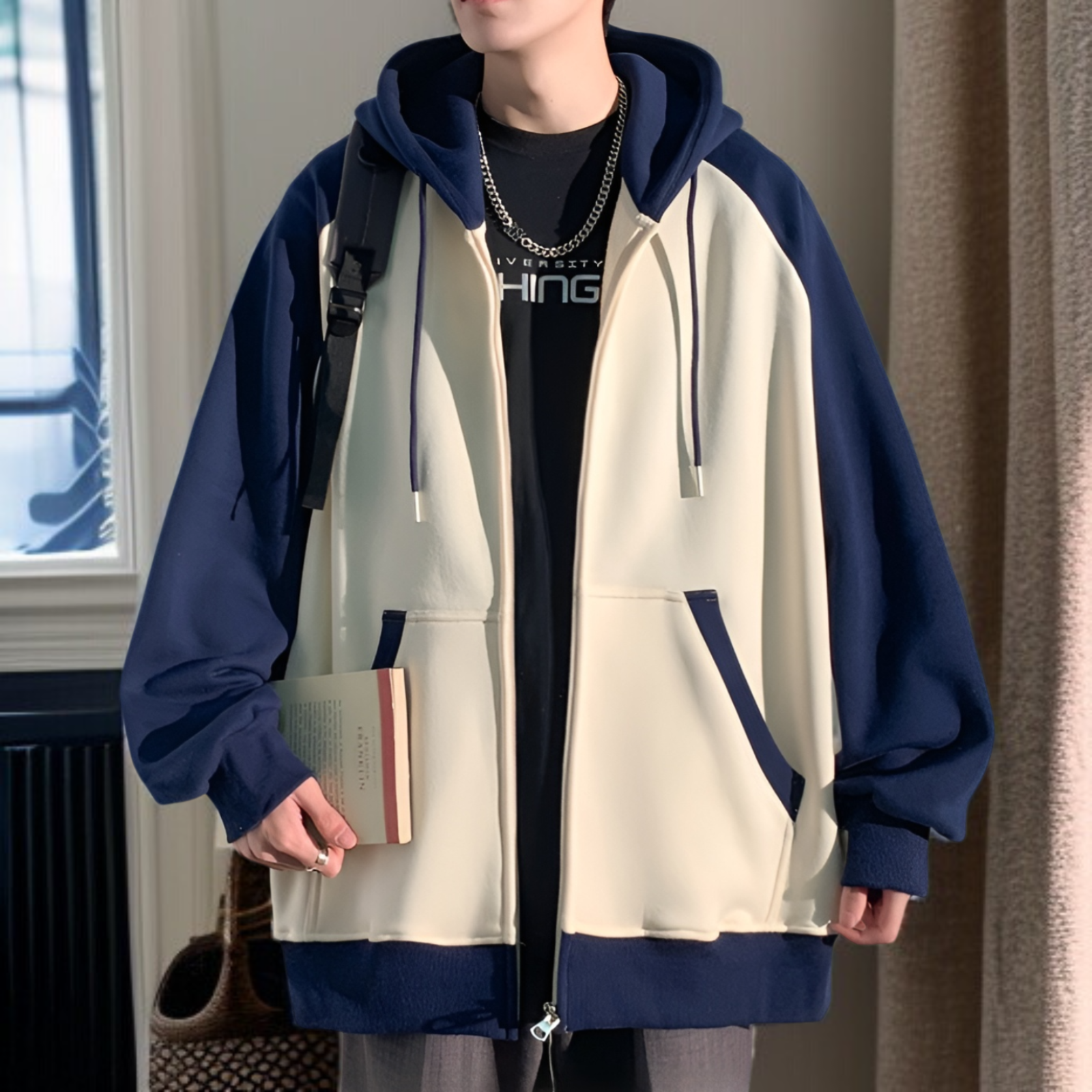 ヘビーステッチジッパーフード付きカーディガンセーター春と秋メンズトレンドルーズジャケットメンズカジュアルトップスジャケット